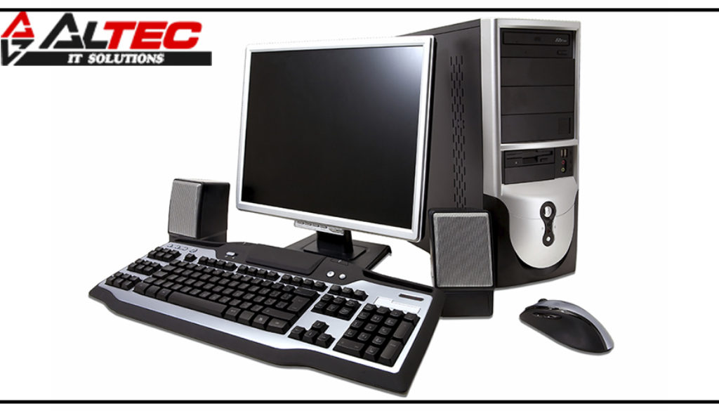 desktop computer with lcd monitor, keyboard, speaker and mouse,