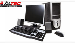 desktop computer with lcd monitor, keyboard, speaker and mouse,