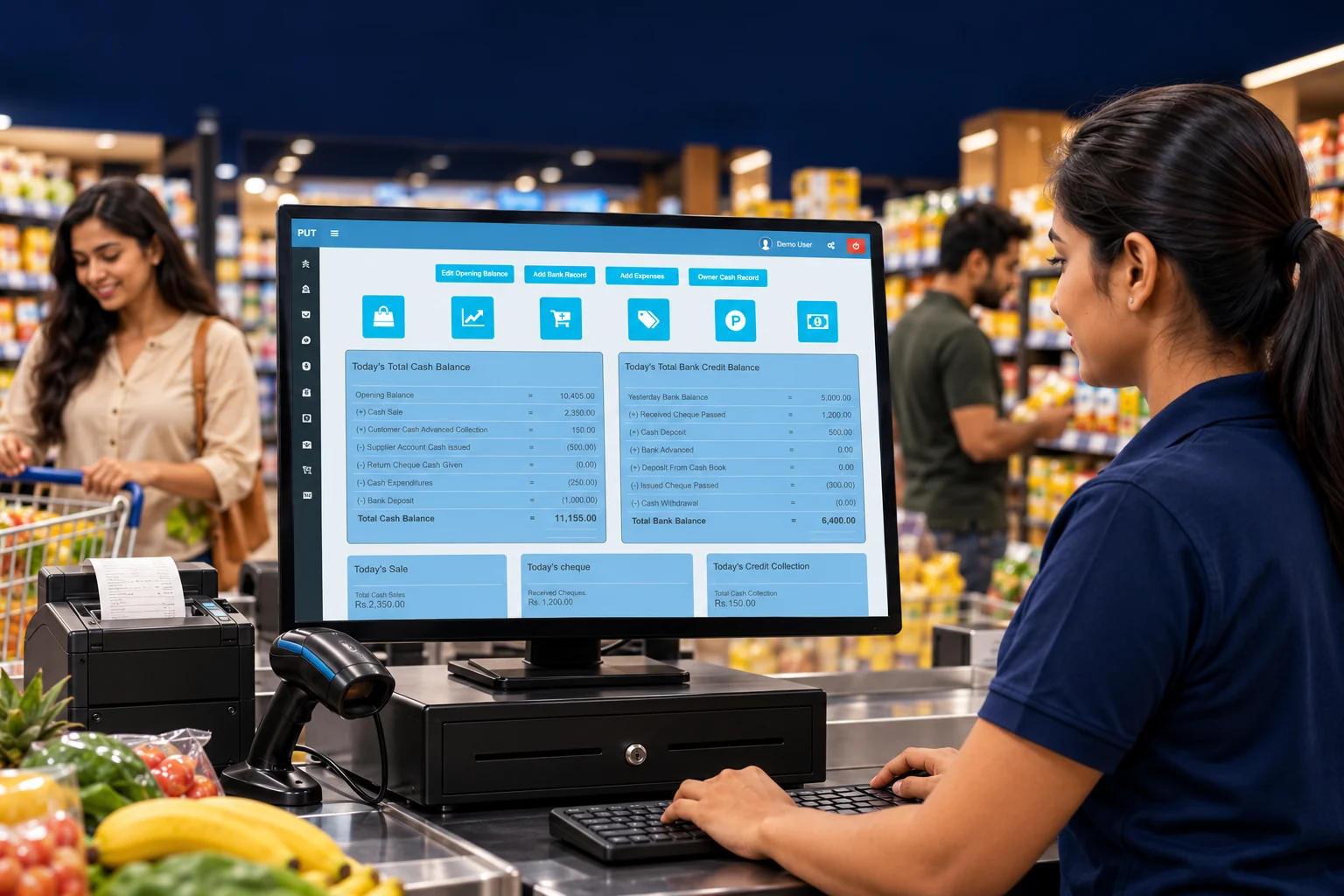 Illustrative retail checkout scene with ALTEC POS displayed on the counter screen