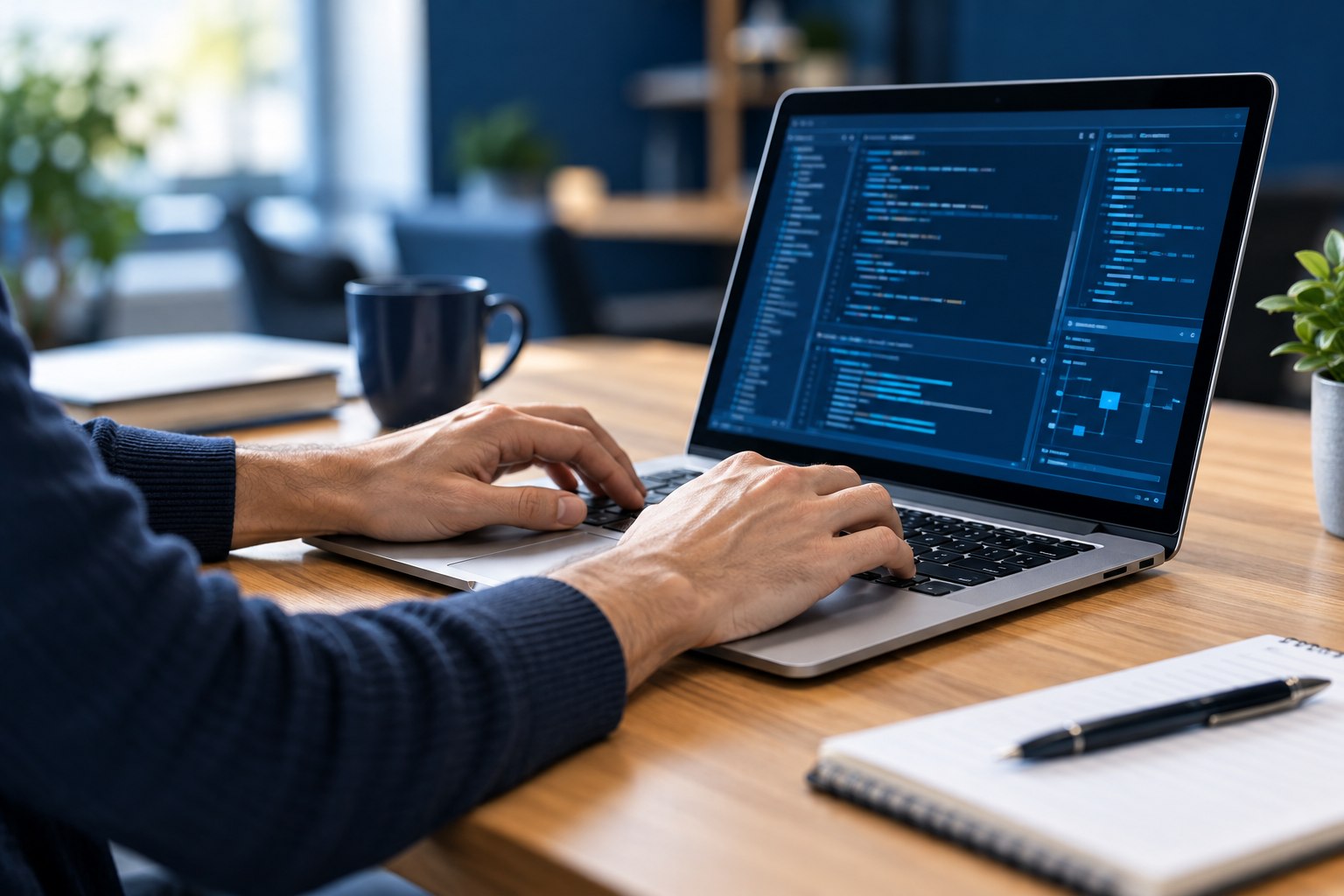 Hands using a laptop for software work