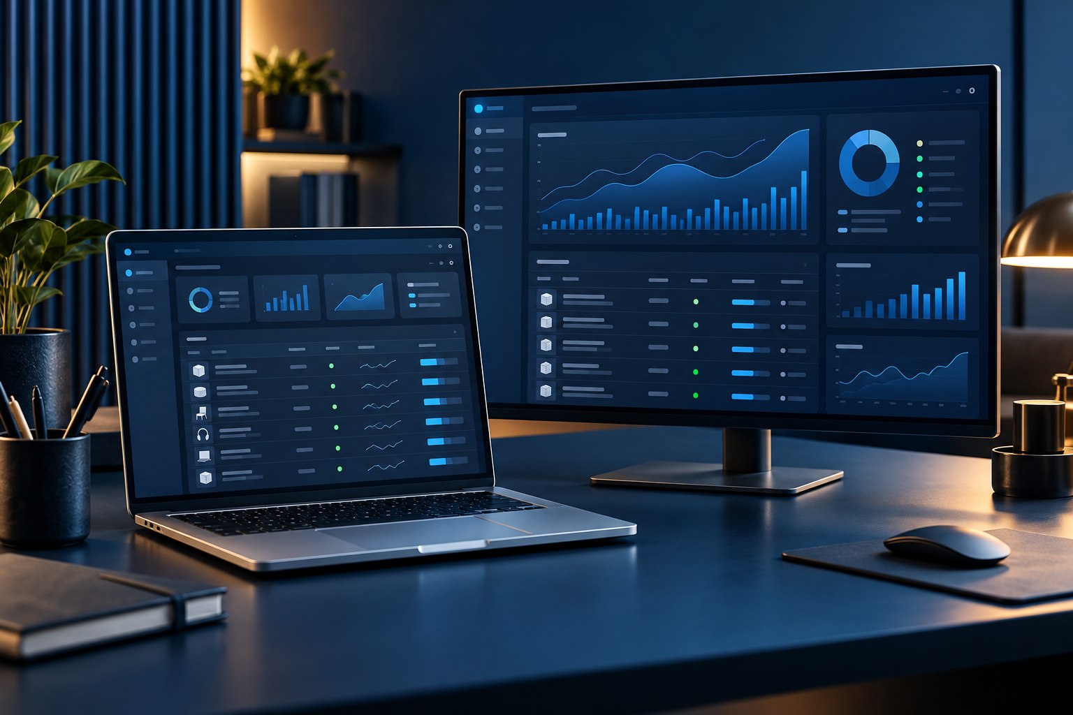 Laptop and monitor showing illustrative business dashboards