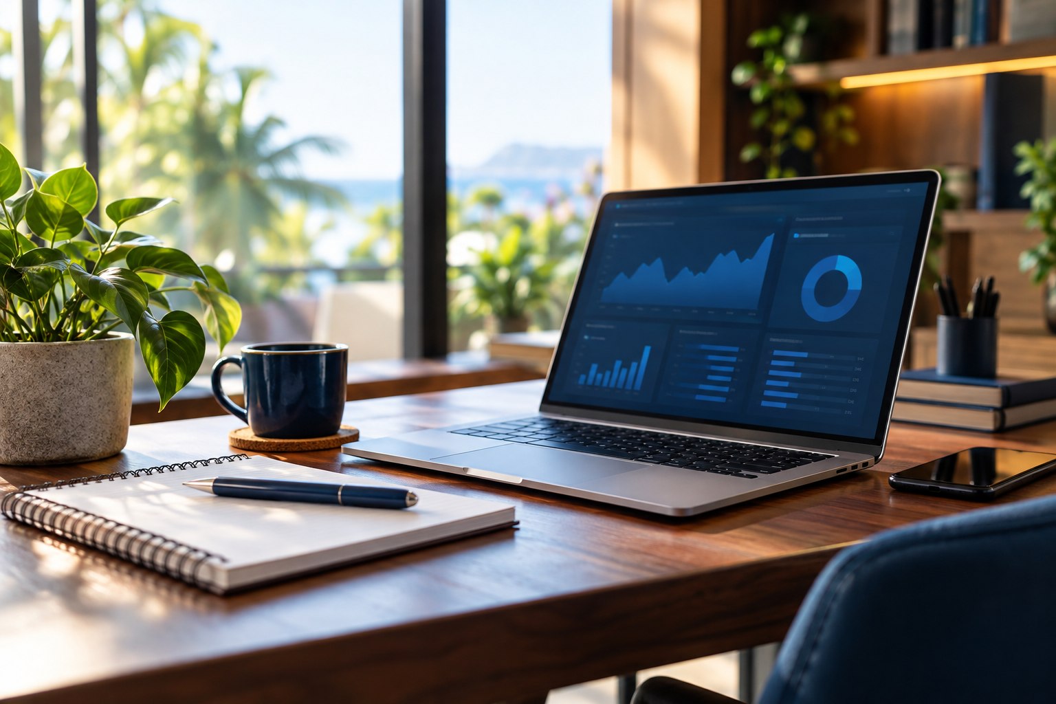 Illustrative software workspace with laptop and notebook